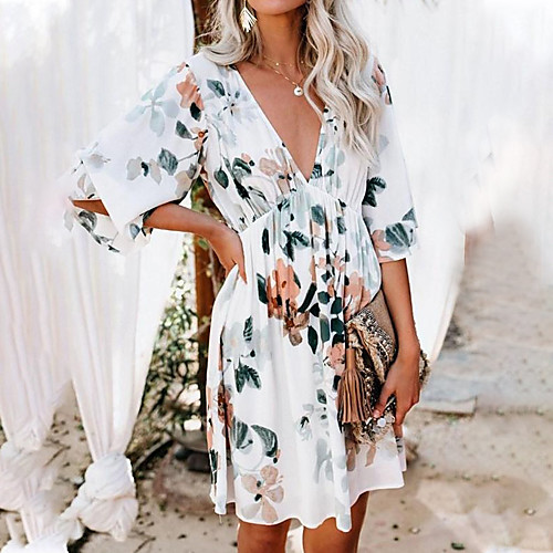 

Women's A Line Dress Knee Length Dress White Half Sleeve Floral Tie Dye Print Fall V Neck Casual Mumu Going out vacation dresses 2021 XS S M L XL XXL