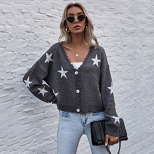 

Women's Basic Knitted Geometric Cardigan Cotton Long Sleeve Sweater Cardigans V Neck Fall Winter Dark Gray