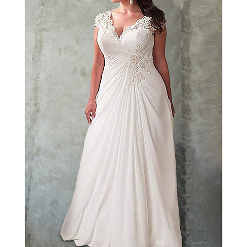

A-Line Wedding Dresses V Neck Floor Length Chiffon Lace Sleeveless Country Beach with 2021