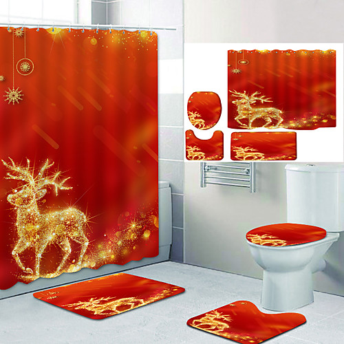 

Golden Star Elk Digital Printing Four-piece Set Shower Curtains and Hooks Modern Polyester Machine Made Waterproof Bathroom