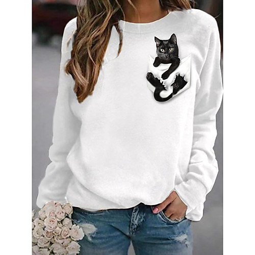 

Women's Hoodie Sweatshirt Cat Graphic 3D Daily Basic Casual Hoodies Sweatshirts White Black
