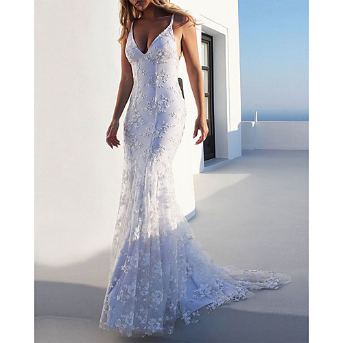 

Mermaid / Trumpet Wedding Dresses V Neck Sweep / Brush Train Lace Spaghetti Strap Casual Backless with Appliques 2021