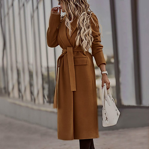 

Women's Coat Daily Fall Winter Long Coat Notch lapel collar Regular Fit Elegant & Luxurious Jacket Long Sleeve Solid Colored with Belt Army Green Khaki