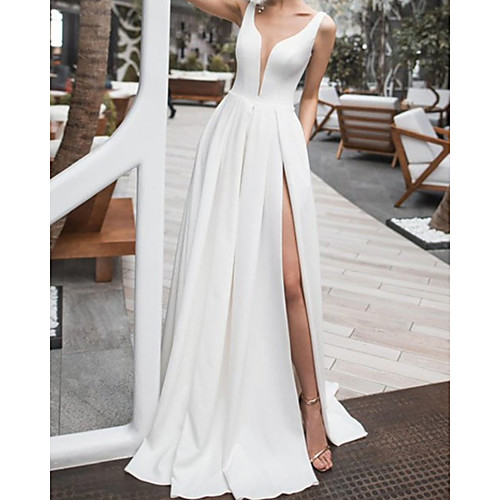 

A-Line Wedding Dresses V Neck Floor Length Satin Sleeveless Simple Beach with Split Front 2021