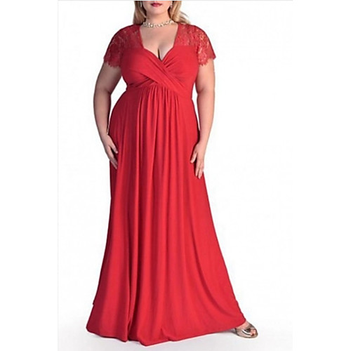 

Sheath / Column Minimalist Plus Size Wedding Guest Formal Evening Dress V Neck Short Sleeve Floor Length Chiffon with Pleats 2021