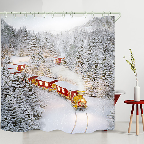 

Christmas Falling Snow Forest Train Digital Printing Shower Curtain Shower Curtains Hooks Modern Polyester New Design