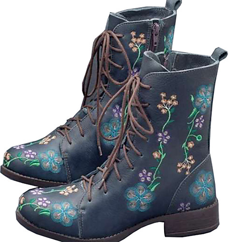 

Women's Boots Cowboy Boots Block Heel Round Toe Casual Daily Walking Shoes PU Lace-up Floral Winter Red Blue Green / Mid-Calf Boots