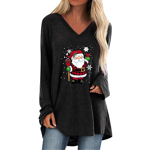 

Women's Christmas T shirt Cartoon Long Sleeve Patchwork Print V Neck Tops Christmas Basic Top Black Wine Khaki
