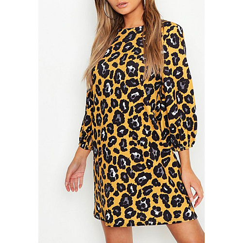 

Women's T Shirt Dress Tee Dress Short Mini Dress Yellow White Red Beige 3/4 Length Sleeve Leopard Print Fall Spring Round Neck Casual Lantern Sleeve Loose 2021 S M L XL XXL