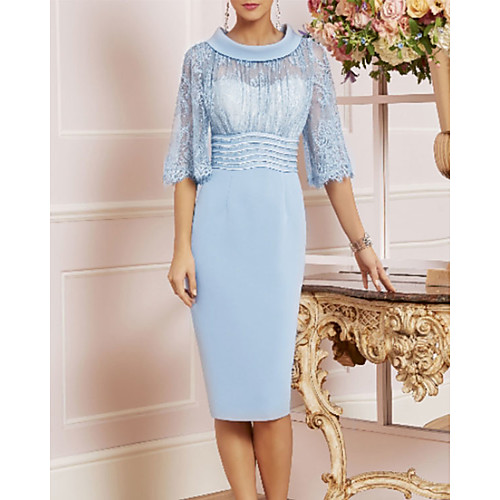 

Sheath / Column Mother of the Bride Dress See Through Jewel Neck Knee Length Charmeuse Half Sleeve with Lace Sash / Ribbon 2021