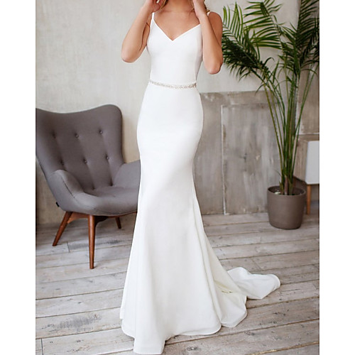 

Mermaid / Trumpet Wedding Dresses V Neck Sweep / Brush Train Spandex Sleeveless Simple Sexy with 2021