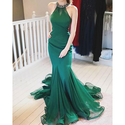 

Mermaid / Trumpet Minimalist Elegant Engagement Formal Evening Dress Halter Neck Sleeveless Court Train Spandex with Pleats 2021