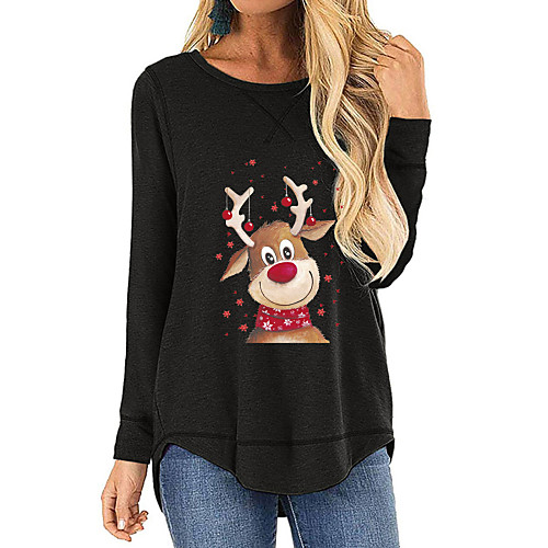 

Women's Blouse Shirt Graphic Prints Long Sleeve Print Round Neck Basic Christmas Tops Cotton Black Blue Army Green