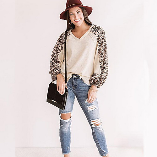 

Women's Blouse Shirt Color Block Leopard Long Sleeve Print V Neck Tops Khaki