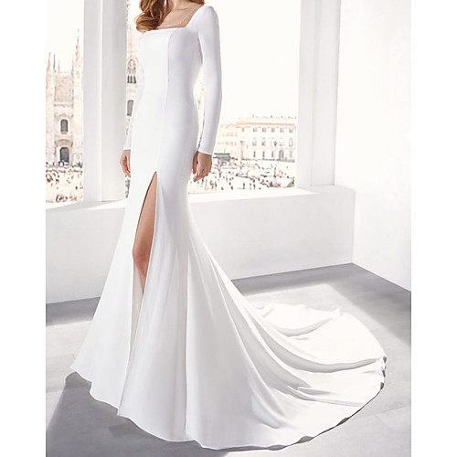 

Mermaid / Trumpet Wedding Dresses Off Shoulder Court Train Stretch Satin Long Sleeve Simple Luxurious with Split Front 2021