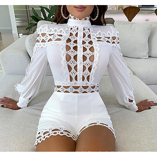 

Women's Sweater Jumper Dress Short Mini Dress White Black Long Sleeve Solid Color Lace Patchwork Hollow To Waist Fall Round Neck Hot Party Holiday Slim 2021 S M L XL
