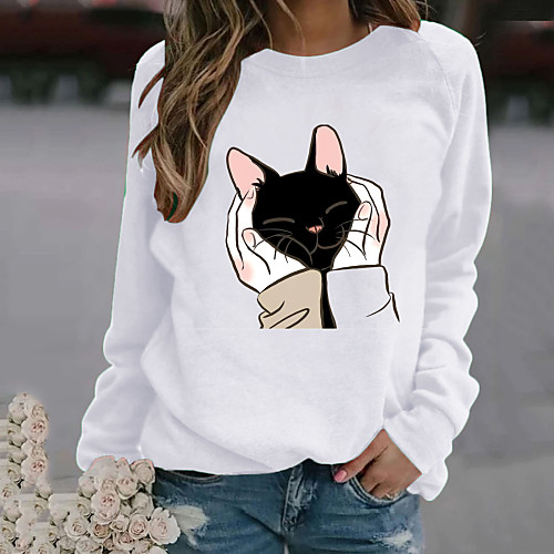 

Women's Blouse Cat Animal Long Sleeve Print Round Neck Tops White