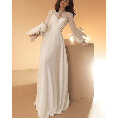 

A-Line Wedding Dresses Jewel Neck Floor Length Chiffon Long Sleeve Simple with 2021