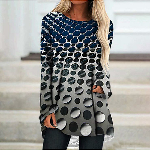

Women's Shift Dress Short Mini Dress Blue Long Sleeve Geometric Print Spring Round Neck Casual Loose 2021 M L XL XXL 3XL