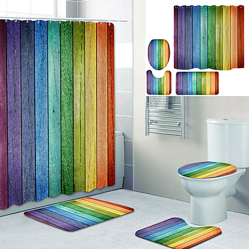 

Colorful Planks Printed Bathtub Curtain Liner Covered With Waterproof Fabric Shower Curtain For Bathroom Home Decoration With Hook Floor Mat And Four-piece Toilet Mat