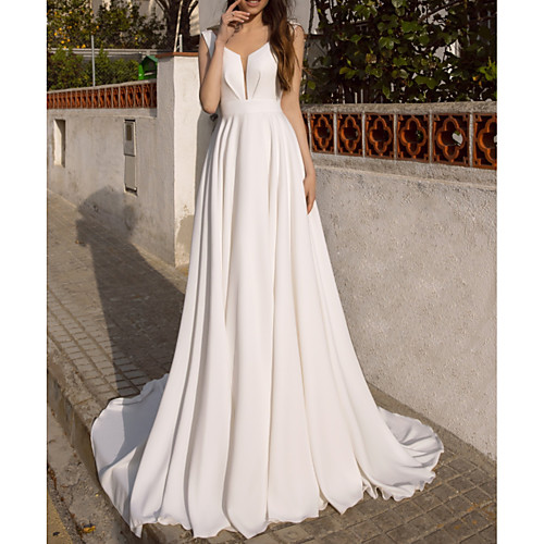 

A-Line Wedding Dresses V Neck Sweep / Brush Train Chiffon Satin Sleeveless Simple Beach with 2021