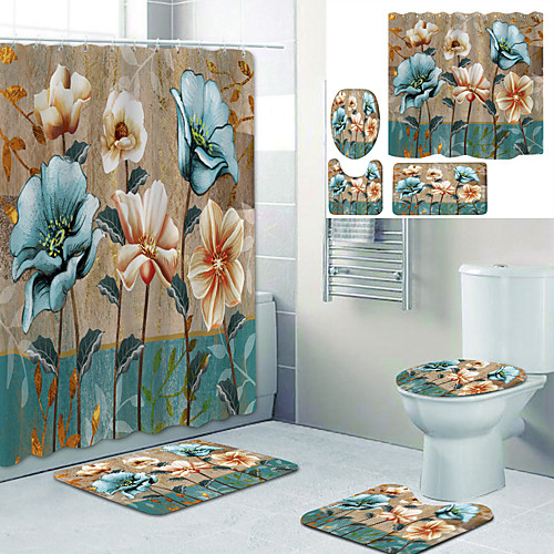 

Hand Painted flowers Printed bathtub curtain liner covered with waterproof fabric shower curtain for bathroom home decoration with hook floor mat and four-piece toilet mat