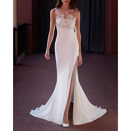 

Mermaid / Trumpet Wedding Dresses Jewel Neck Sweep / Brush Train Lace Satin Sleeveless Country Sexy with Appliques Split Front 2021