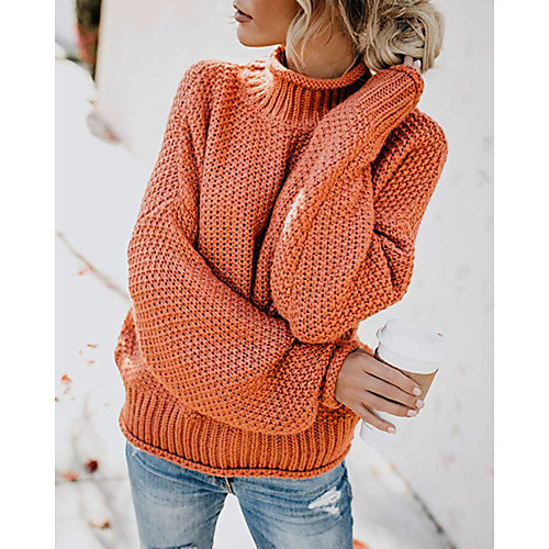 

Women's Stylish Knitted Solid Color Pullover Long Sleeve Sweater Cardigans Turtleneck Fall Winter Black Blue Purple