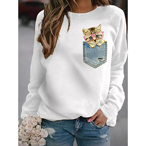 

Women's Hoodie Sweatshirt Cat Graphic 3D Print Daily 3D Print Basic Casual Hoodies Sweatshirts White Light gray Black