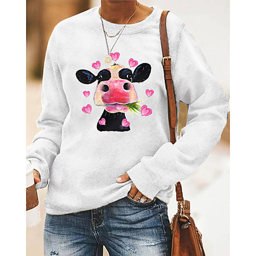 

Women's Hoodie Sweatshirt Cartoon Graphic Cow Print Daily Other Prints Basic Casual Hoodies Sweatshirts Gray White Black