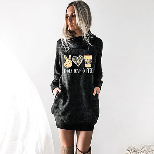 

Women's T shirt Dress Heart Graphic Prints Long Sleeve Cowl Neck Tops Black Wine Camel