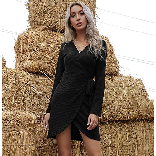 

Women's A Line Dress Knee Length Dress Army Green Black Long Sleeve Solid Color Fall Winter Casual Loose 2021 S M L XL