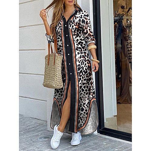 

Women's Shirt Dress Maxi long Dress Blue Army Green Dusty Blue Royal Blue Rainbow White Light gray Black Dark Gray Red Long Sleeve Print Tie Dye Leopard Patchwork Print Fall Spring Shirt Collar Work