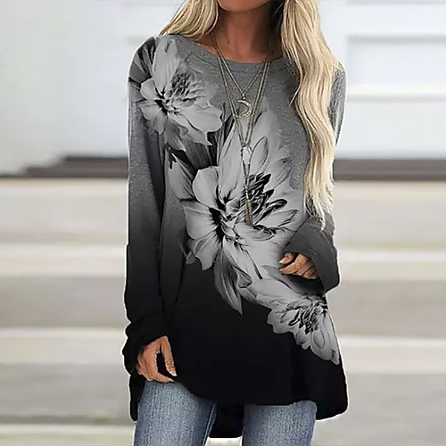 

Women's Shift Dress Knee Length Dress Blue Purple Gray Long Sleeve Print Print Spring Round Neck Casual Loose 2021 S M L XL XXL