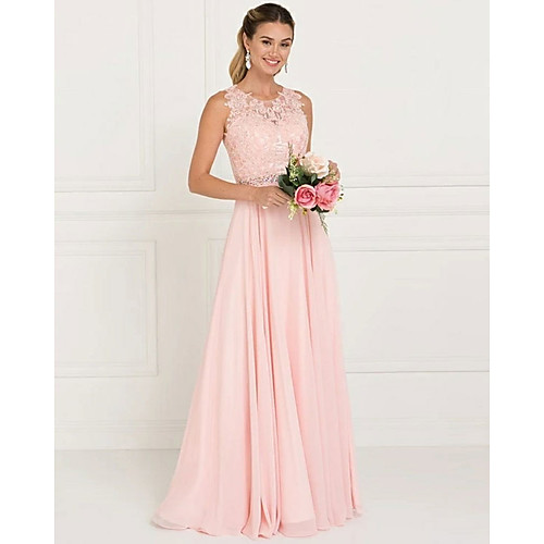

A-Line Jewel Neck Sweep / Brush Train Tulle Bridesmaid Dress with Lace / Sash / Ribbon