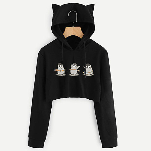 

Women's Hoodie Cropped Hoddie Cartoon Graphic Crop Top Cat Ear Print Daily Other Prints Basic Casual Hoodies Sweatshirts Wine Black Navy Blue