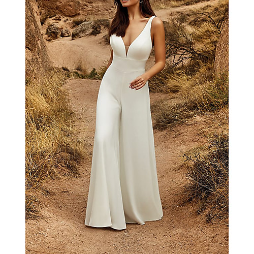 

Two Piece Jumpsuits Wedding Dresses V Neck Chapel Train Detachable Lace Satin Sleeveless Country Simple with Appliques 2021