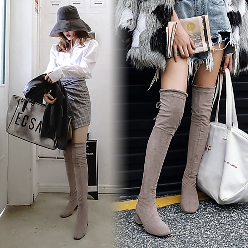 

Women's Boots Chunky Heel Round Toe Thigh High Boots Daily PU Synthetics Gray Black