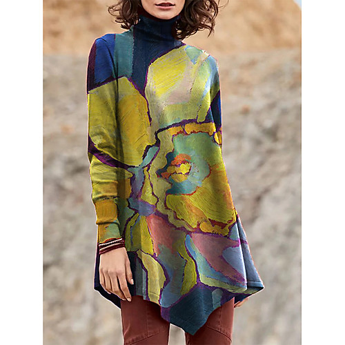

Women's T Shirt Dress Tee Dress Short Mini Dress Blue Purple Yellow Green Long Sleeve Print Color Block Patchwork Print Fall Winter Turtleneck Casual Loose 2021 S M L XL XXL 3XL 4XL 5XL
