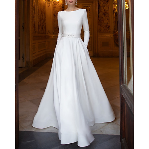 

A-Line Wedding Dresses Jewel Neck Floor Length Stretch Satin Long Sleeve Romantic with 2021