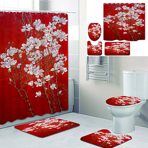 

Magnolia Printed Bathtub Curtain Liner Covered With Waterproof Fabric Shower Curtain For Bathroom Home Decoration With Hook Floor Mat And Four-piece Toilet Mat