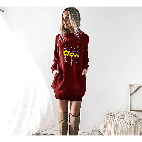

Women's T shirt Dress Floral Graphic Prints Long Sleeve Cowl Neck Tops Black Wine Camel