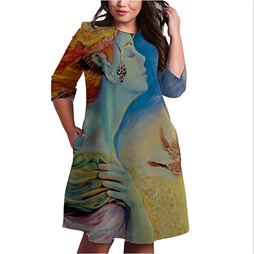 

Women's Shift Dress Knee Length Dress Rainbow 3/4 Length Sleeve Print Print Fall Spring Round Neck Casual Loose 2021 XXL 3XL 4XL 5XL 6XL / Plus Size