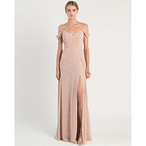 

A-Line Spaghetti Strap Sweep / Brush Train Chiffon Bridesmaid Dress with Pattern / Print / Split Front / Open Back