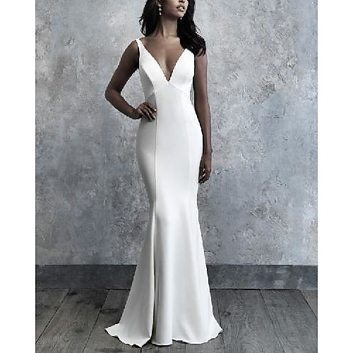 

Mermaid / Trumpet Wedding Dresses V Neck Floor Length Italy Satin Sleeveless Simple with 2021