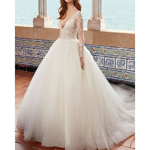 

A-Line Wedding Dresses V Neck Court Train Lace Tulle Sleeveless Country Romantic with Appliques 2021