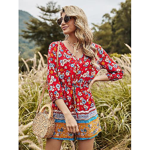 

Women's Streetwear Red Romper Striped Floral Drawstring Patchwork Print