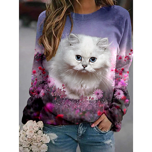 

Women's Hoodie Sweatshirt Cat Graphic 3D Print Daily 3D Print Basic Casual Hoodies Sweatshirts Purple