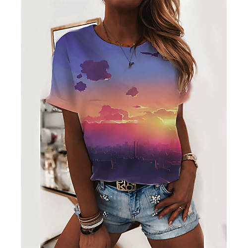 

Women's T shirt 3D Print Round Neck Tops Basic Basic Top Rainbow