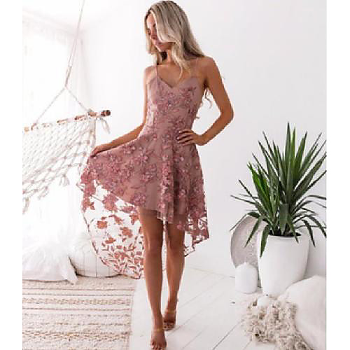 

A-Line Elegant Floral Party Wear Cocktail Party Dress Spaghetti Strap Sleeveless Asymmetrical Tulle with Appliques 2021